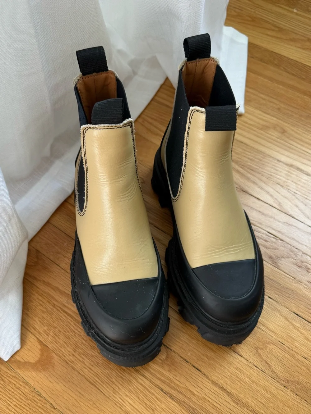 Ganni Beige Leather Chelsea Boot with Black Accents